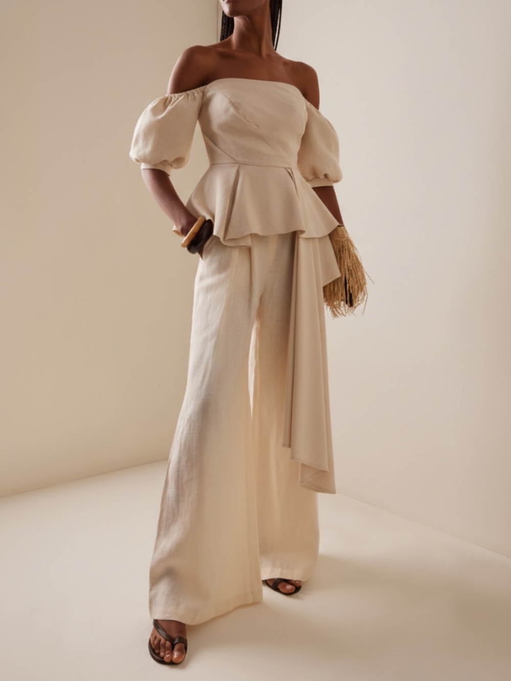 ASOS EDITION – OFF THE SHOULDER PUFF SLEEVES TOP WITH DRAPING TAIL IN BEIGE- 6